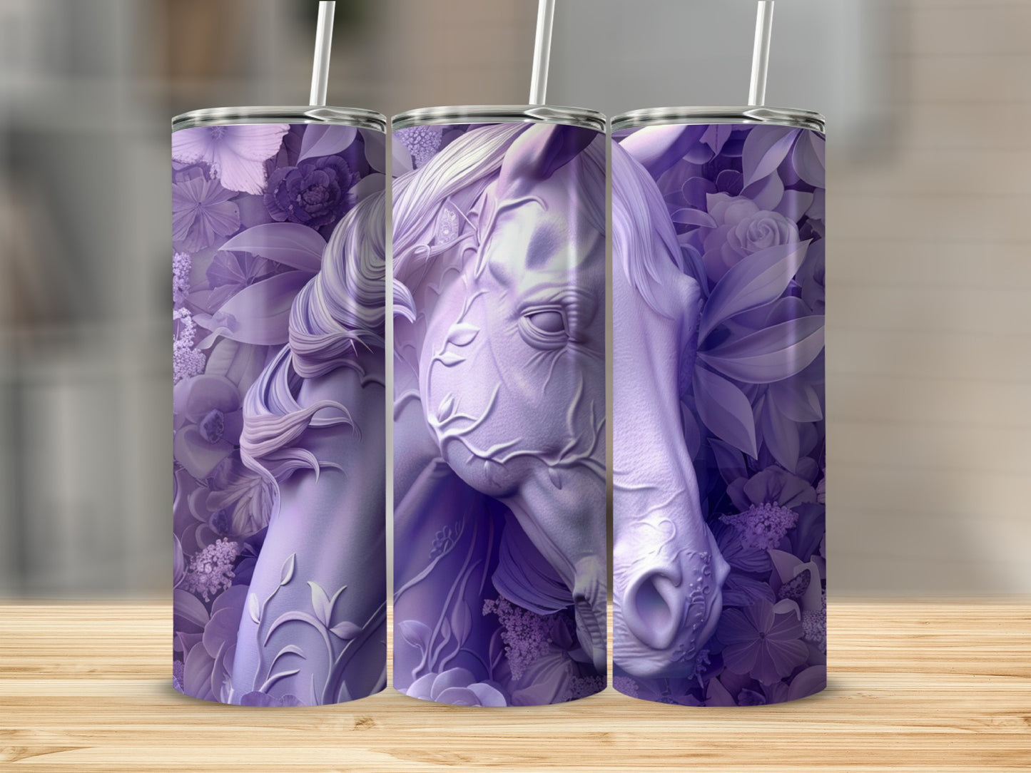 Purple horse head sculpture with floral accents on a wooden surface.