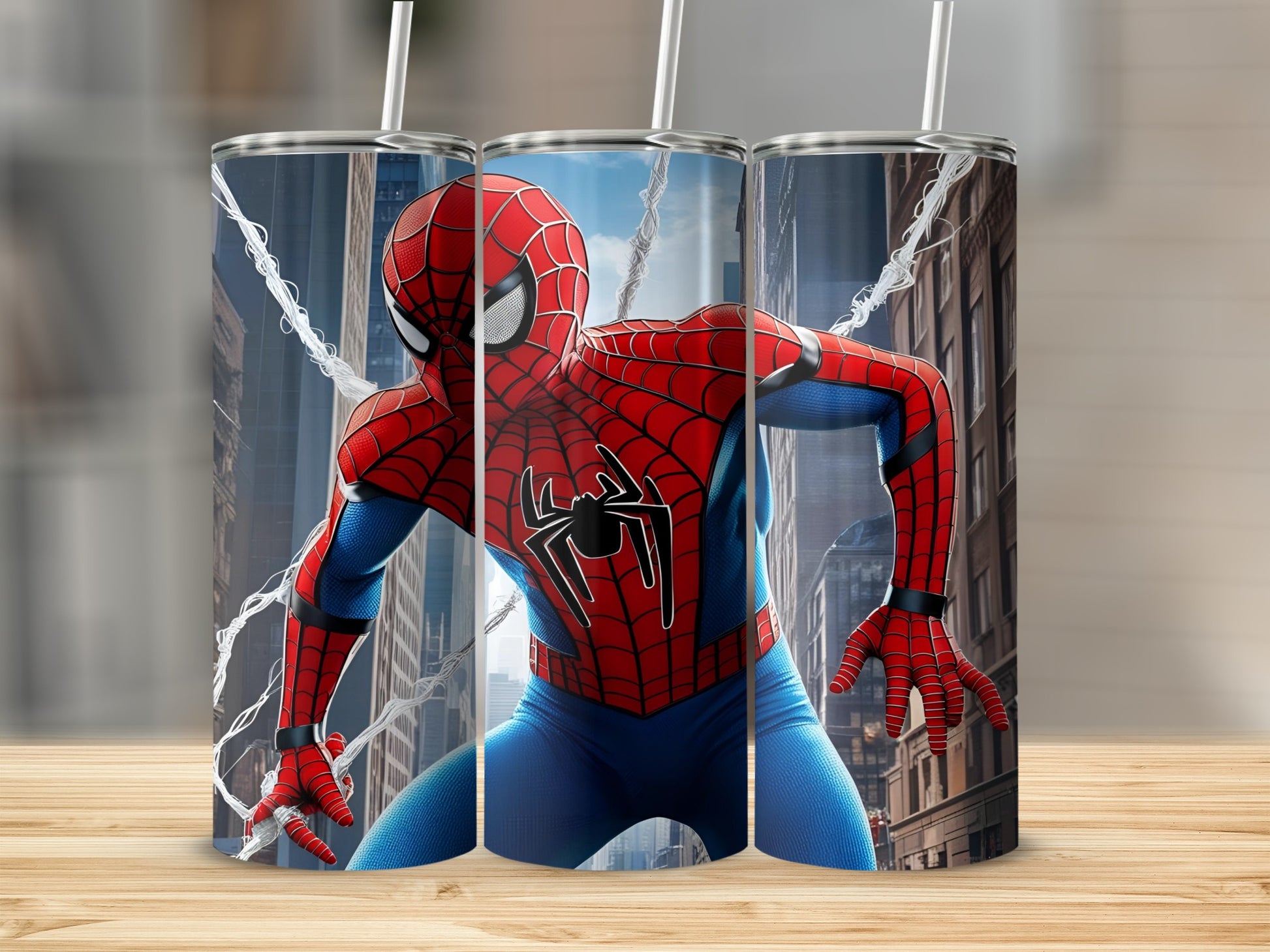 Spider-Man in a city street pose on three stacked tumblers.