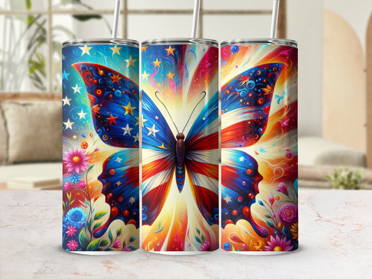 Tumbler with patriotic butterfly design and colorful floral accents.