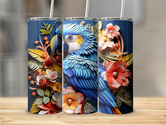 Blue parrot with floral accents on a dark blue tumbler.