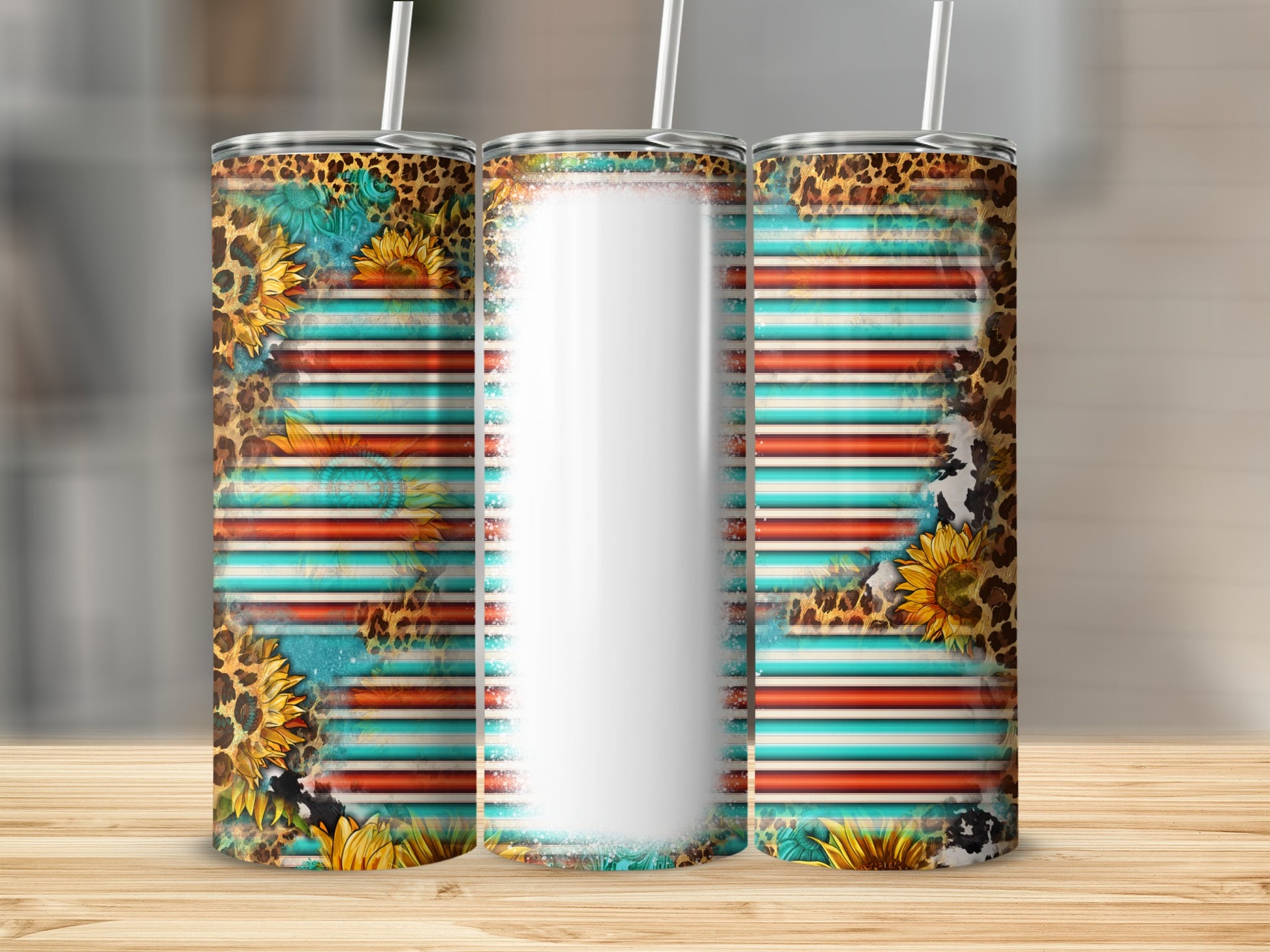 Three tumblers with sunflower, leopard print, and striped designs.
