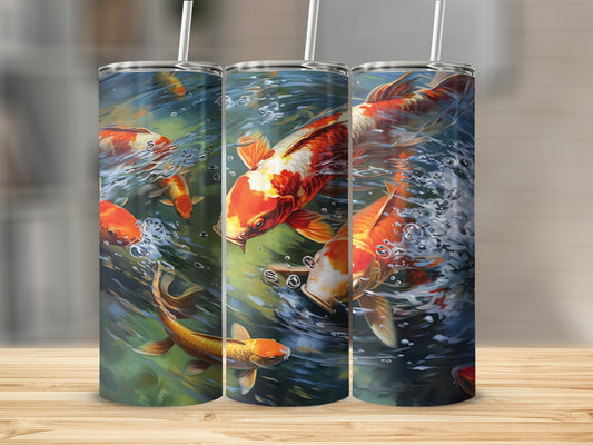 Three tumblers with koi fish swimming in water.