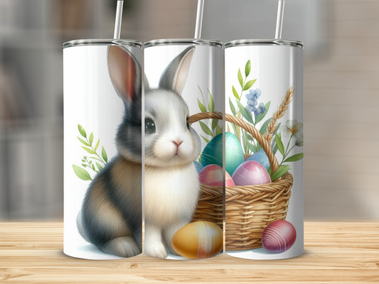 Easter bunny and basket with colorful eggs and flowers.