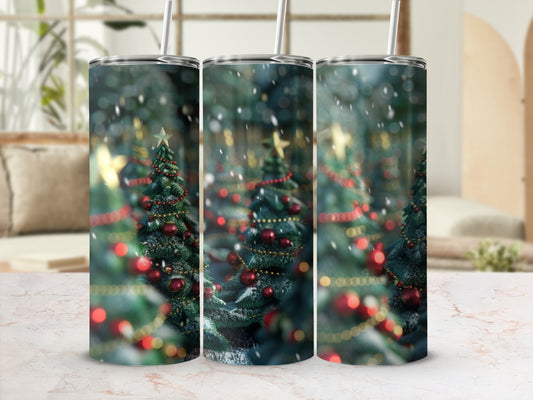 Christmas tree tumbler with red ornaments and bokeh lights.