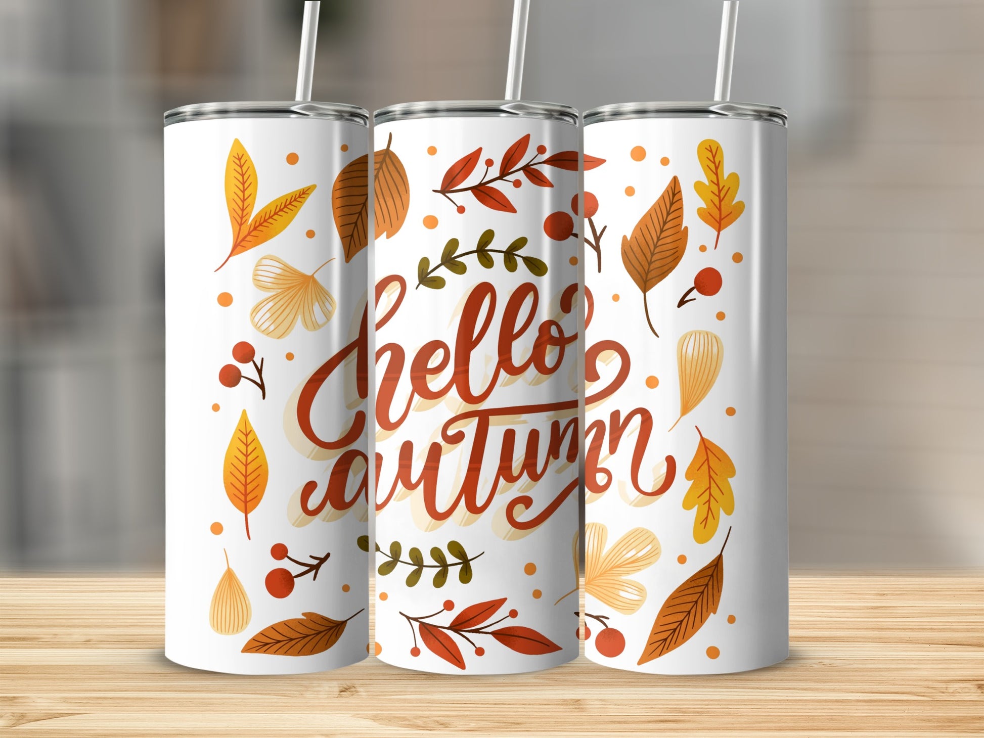 Hello Autumn Leaves and Berries Design Tumbler
