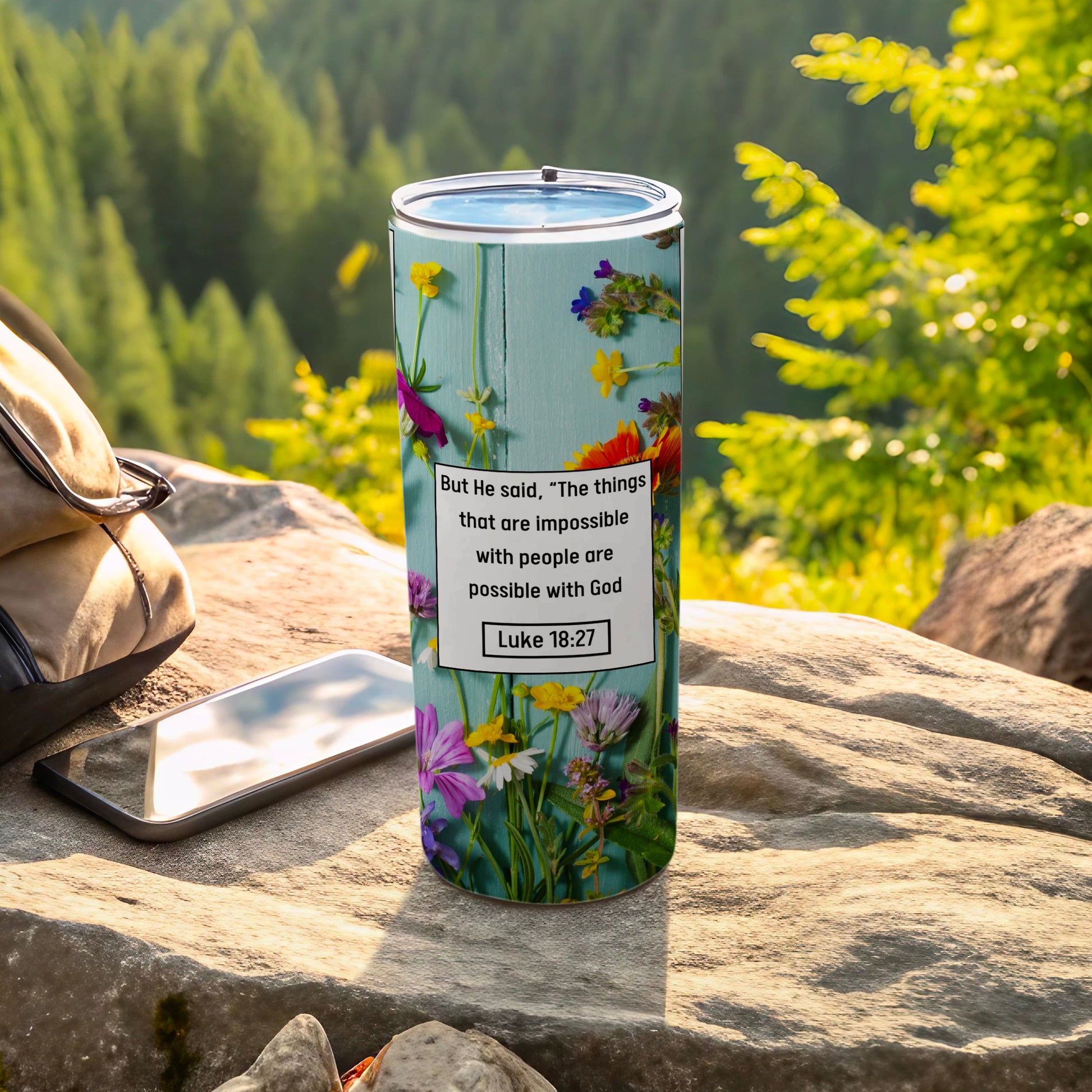 Inspirational Luke 18:27 Floral Design Travel Mug