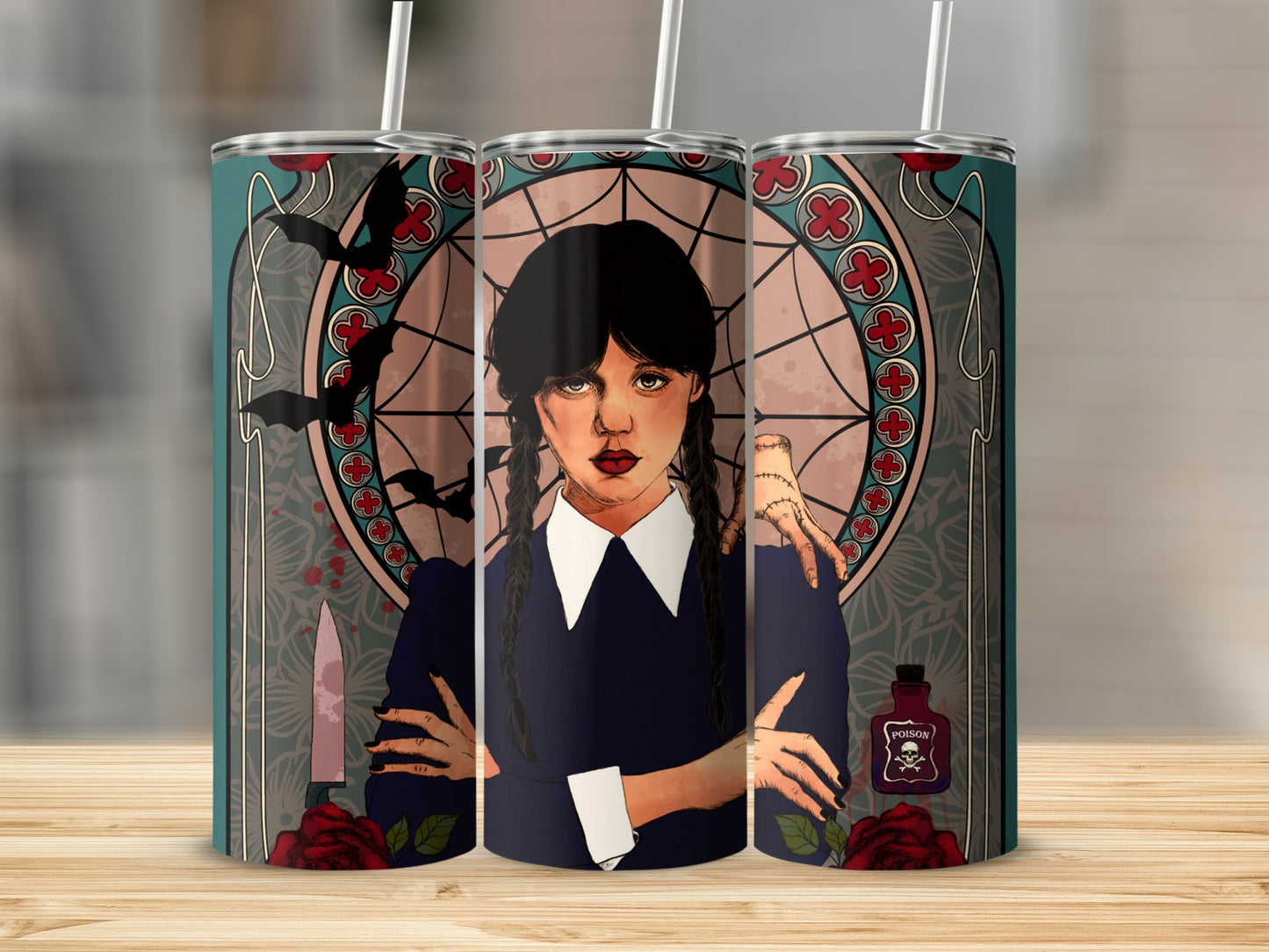 Gothic Portrait Tumbler with Intricate Design and Bats