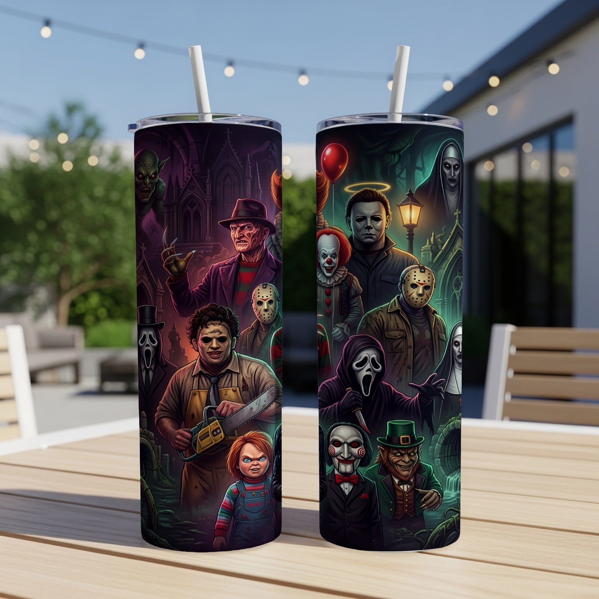 Horror movie villains Chucky, Freddy, Jason, Michael Myers, Pennywise, and others on a tumbler.