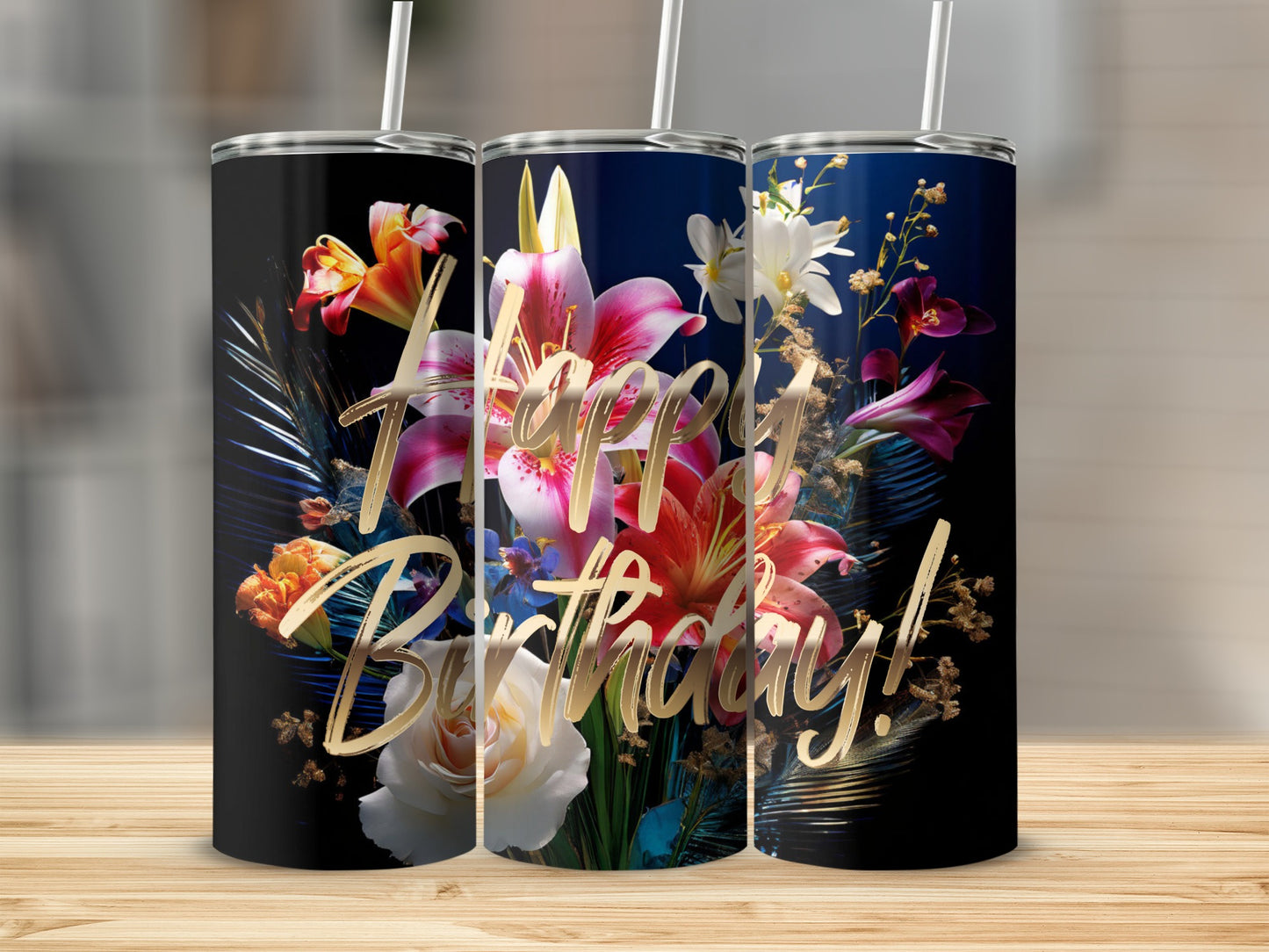 Happy Birthday tumbler with lilies, roses, and blue floral accents.