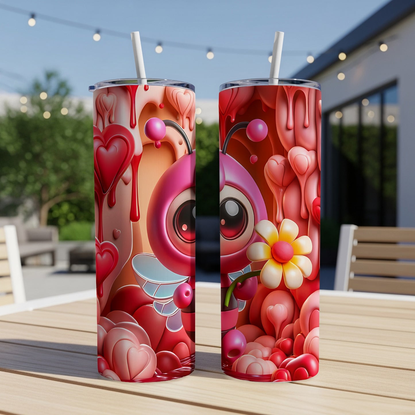 Two Valentine-themed tumblers with a cartoon bee character and hearts.