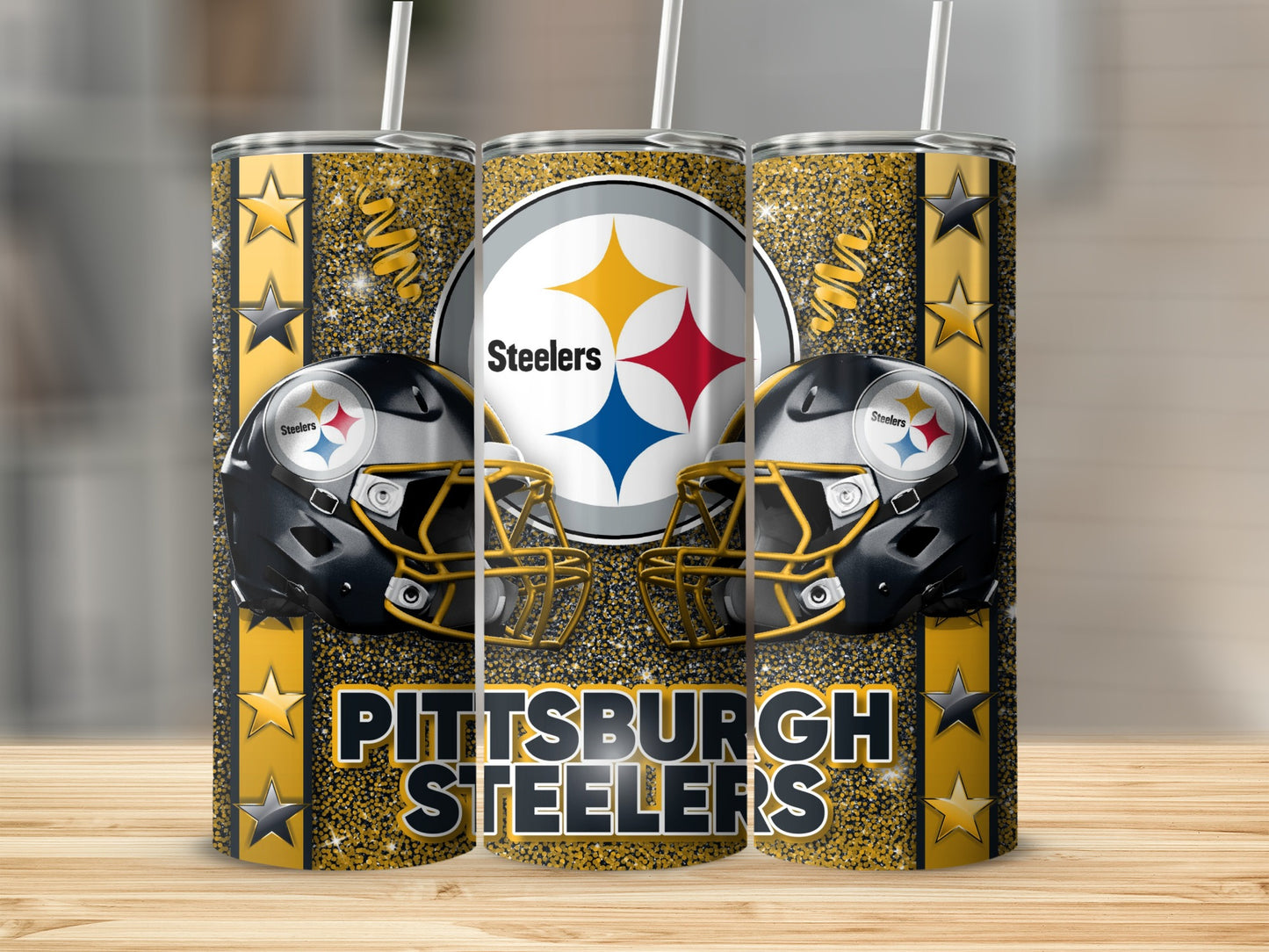 Pittsburgh Steelers Helmets Logo with Gold Glitter Tumblers