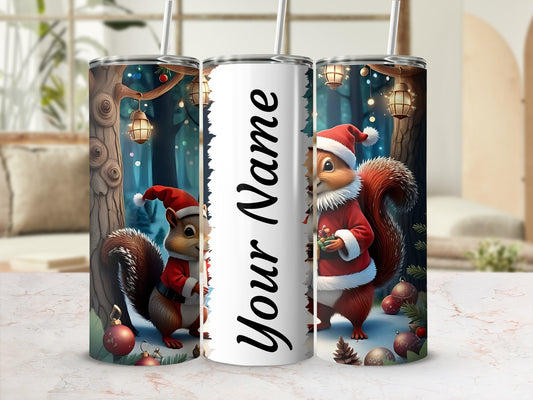 Personalized Christmas Squirrel Tumbler with Santa Hat