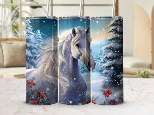 White horse with flowing mane in snowy forest, decorated with poinsettias.