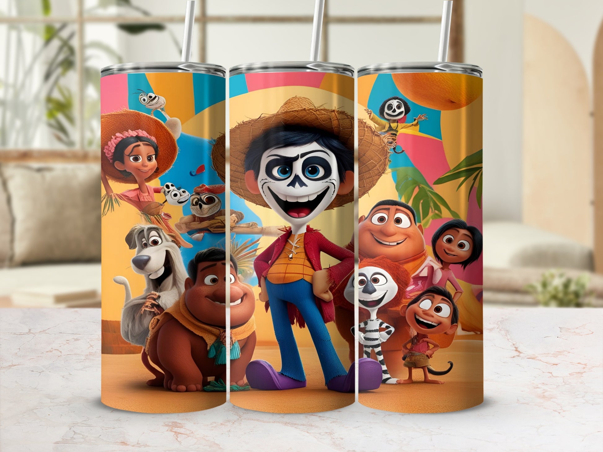 Coco movie characters on a colorful tumbler with straws.