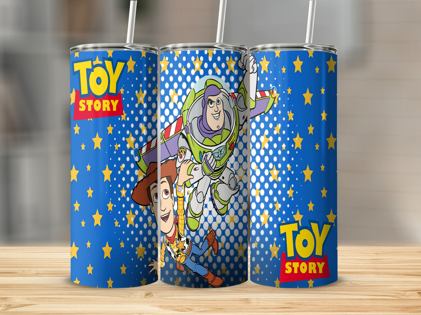 Toy Story tumbler with Buzz Lightyear and Woody characters on blue background.