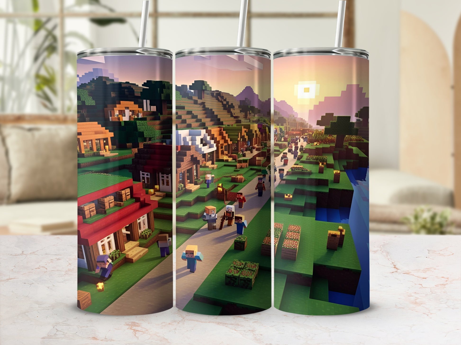 Minecraft village scene with pixelated characters and buildings at sunset.