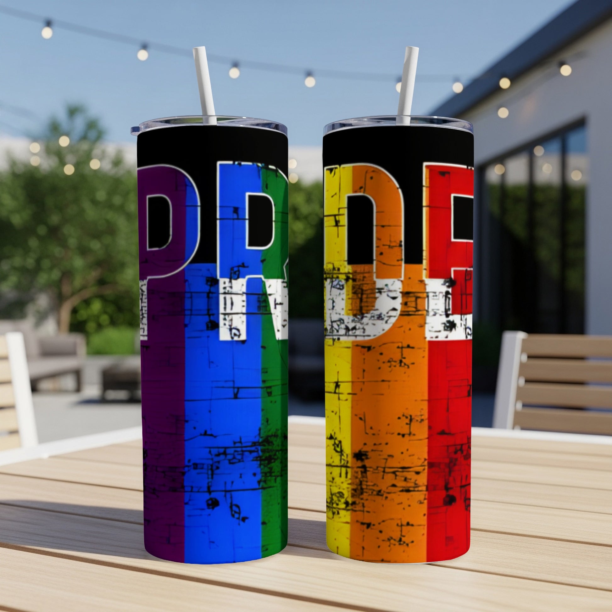Two tumblers with "Pride" text in rainbow colors, on a table outdoors.