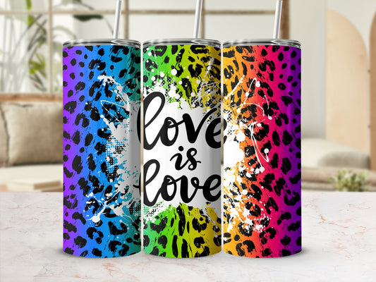Three tumblers with leopard print and "love is love" text.