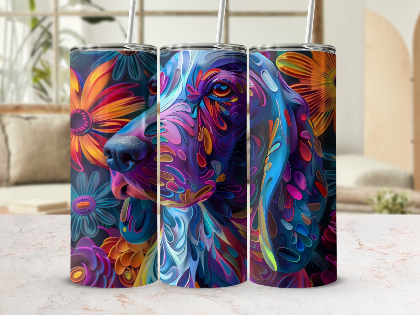 Tumbler with colorful abstract dog portrait and floral background.