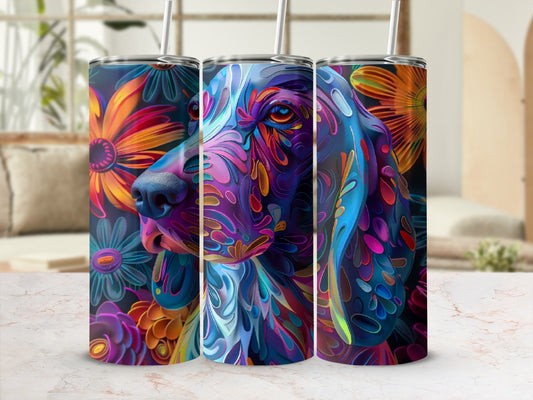 Tumbler with colorful abstract dog portrait and floral background.