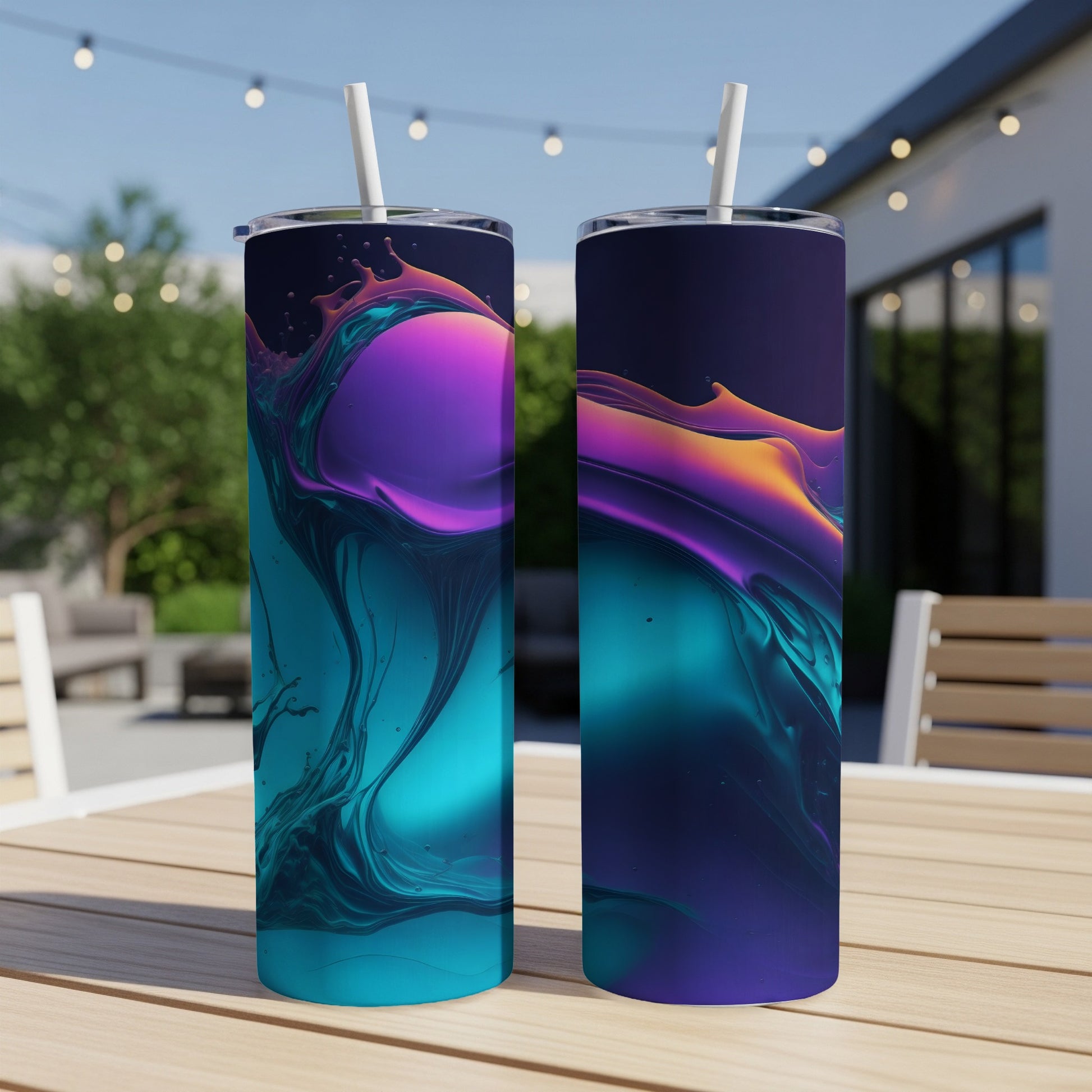 Two tumblers with abstract, colorful liquid art designs, one primarily blue and purple, the other dark blue and orange.