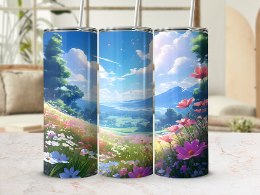 Three tumblers with a scenic landscape of rolling hills and flowers.