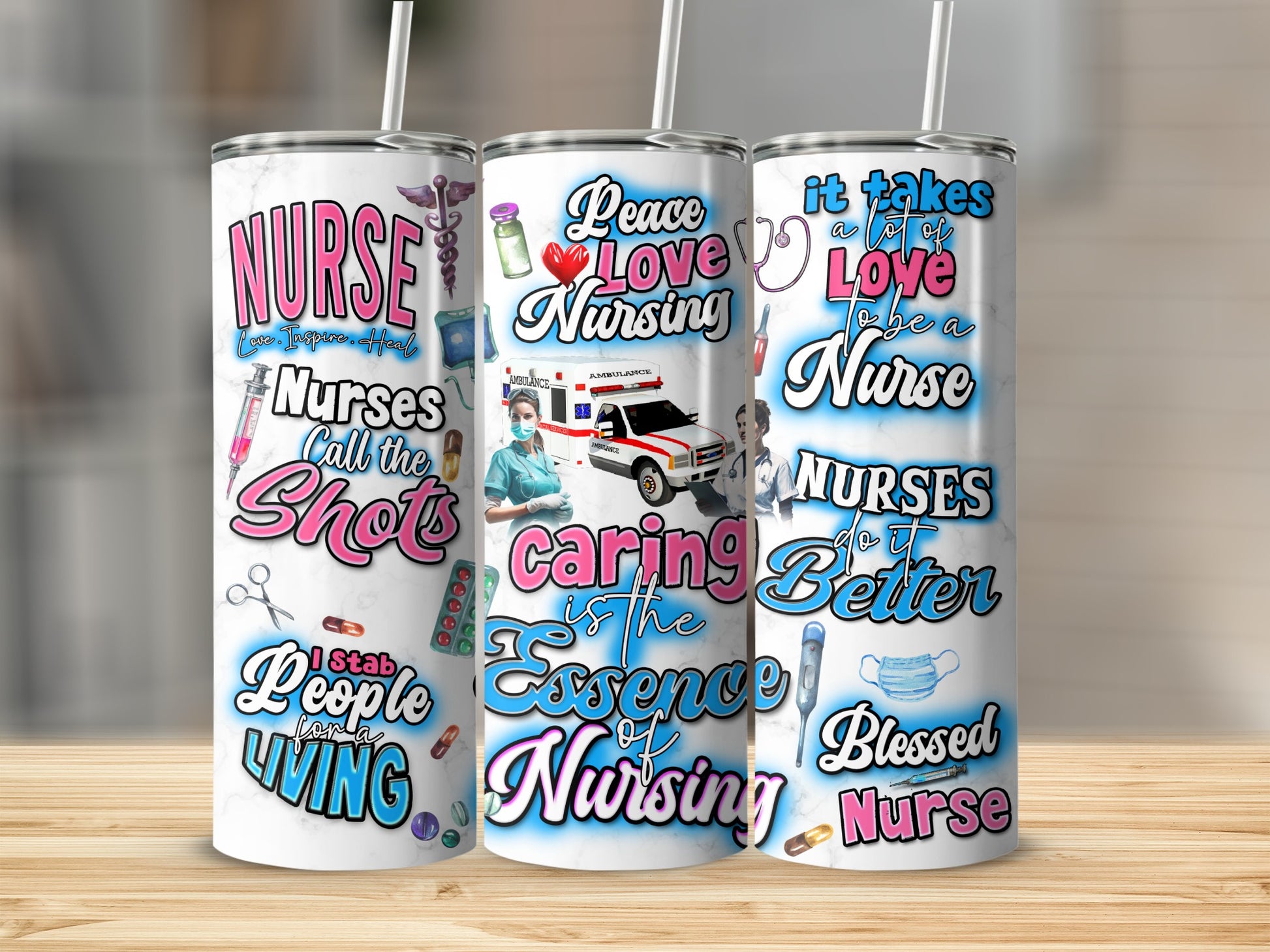 Tumbler with nurse-themed graphics and text.