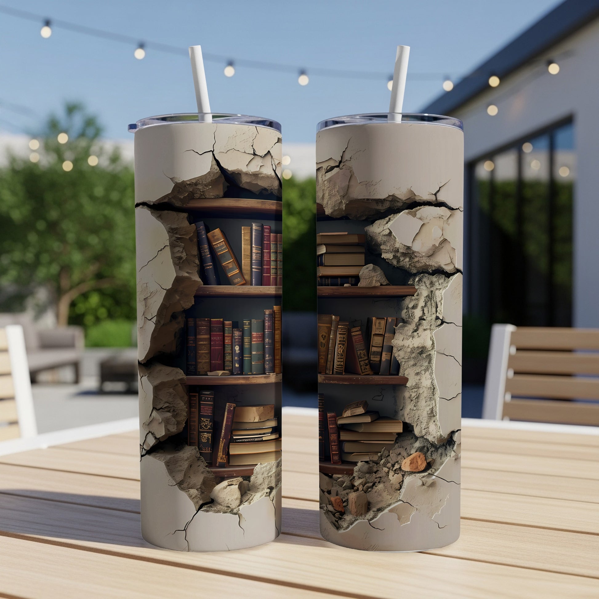 Two cylindrical tumblers with a cracked concrete design revealing bookshelves.