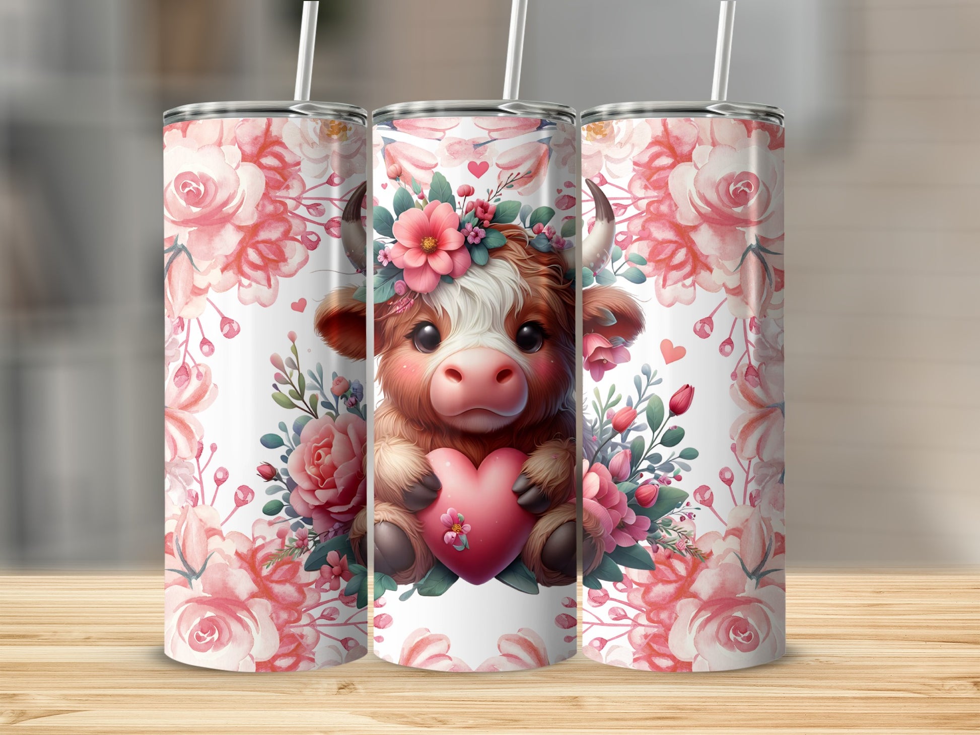 Adorable Cow With Heart Design Floral Tumbler Product