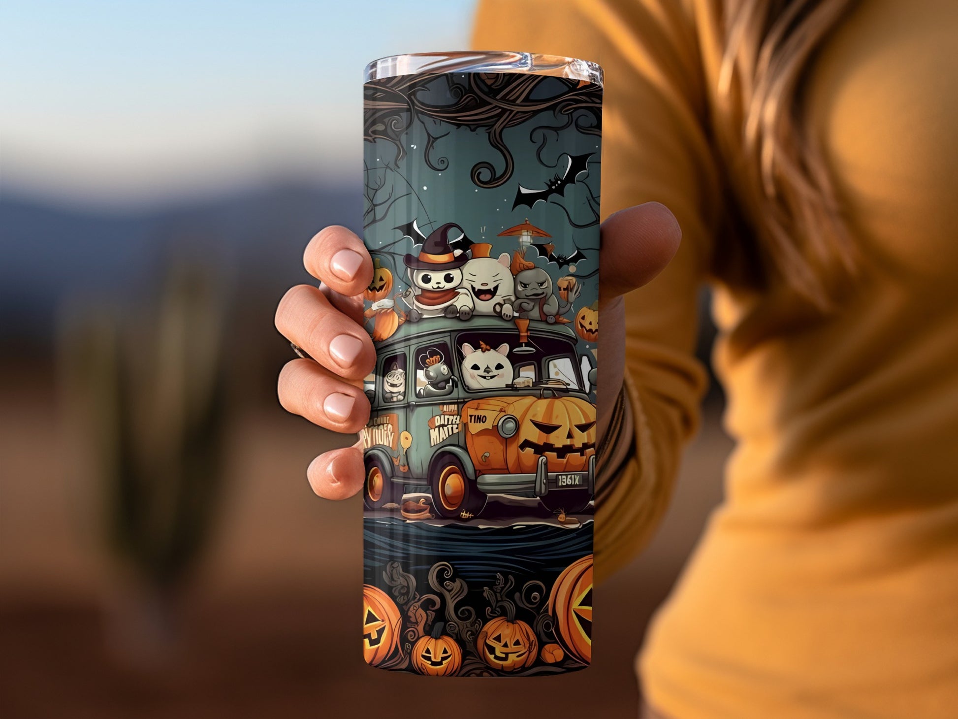 Spooky Halloween Cat and Pumpkin Art on Tumbler Product