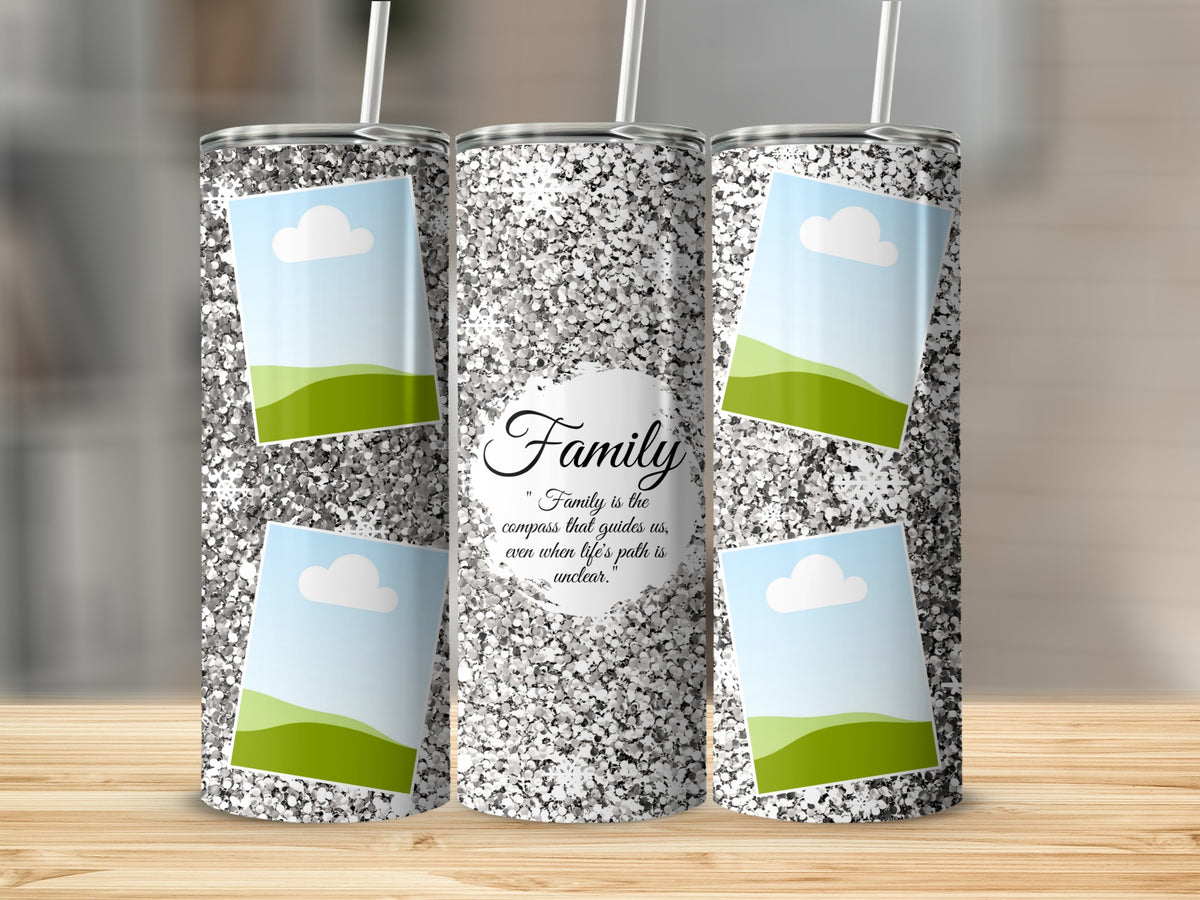 Silver glitter tumbler with photo frames and "Family" quote.