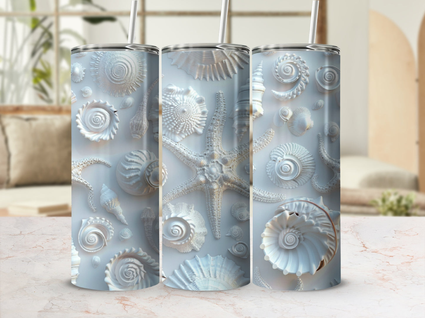 White tumbler with raised seashell and starfish pattern.
