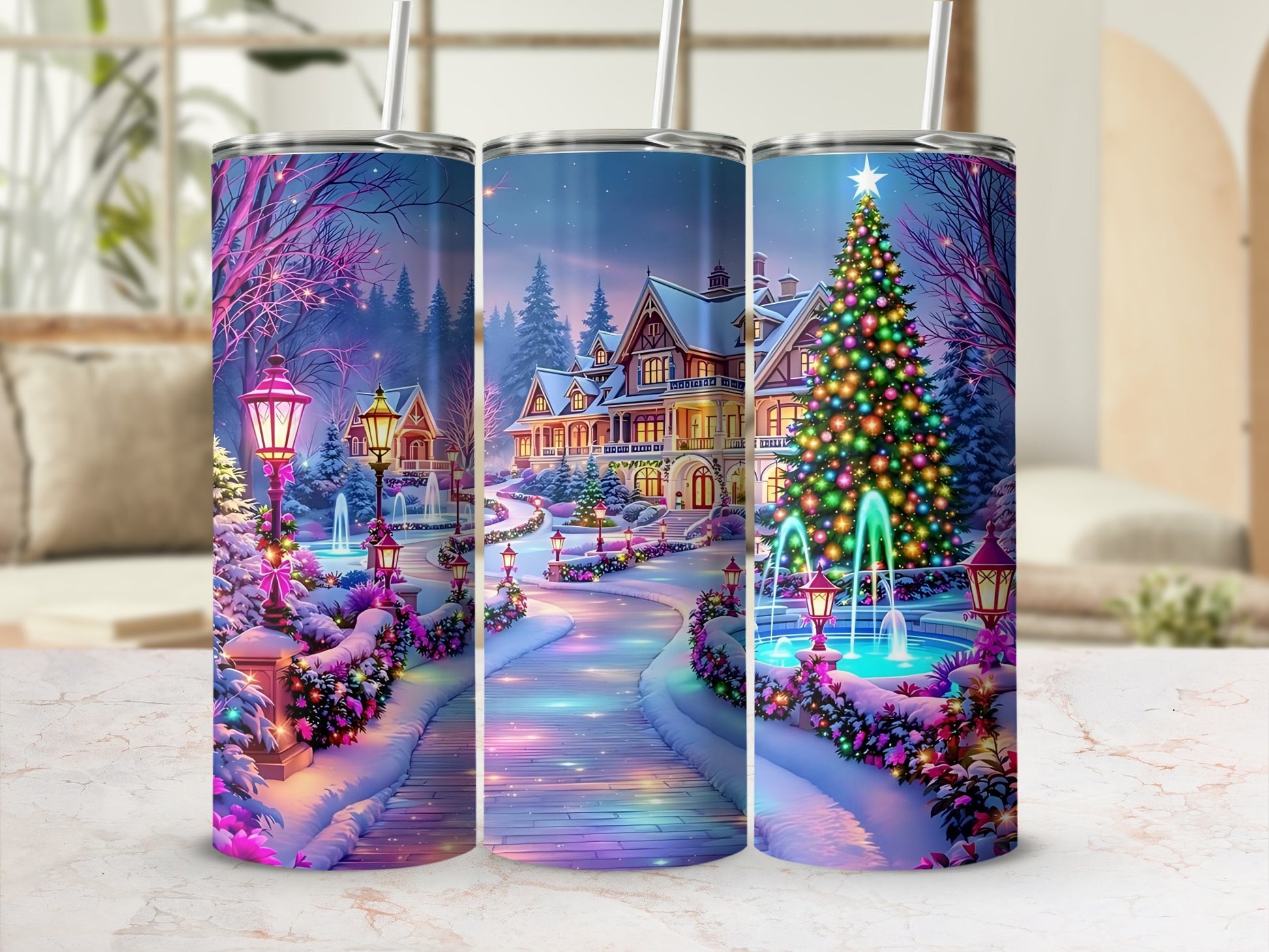 Vibrant Holiday Scene with Colorful Christmas Tumbler