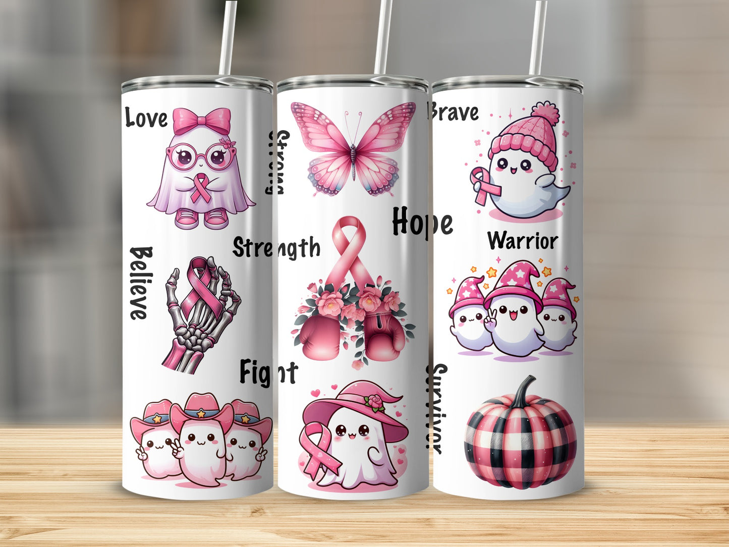 Tumbler with pink ribbon, butterfly, cute ghost characters, and inspirational words.