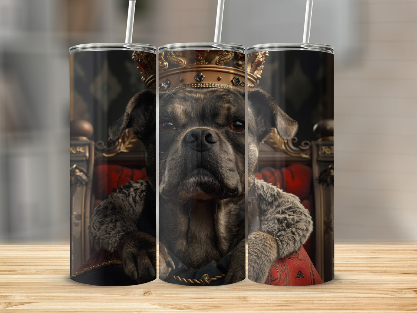 Dog wearing a crown and royal robe sitting on a throne.