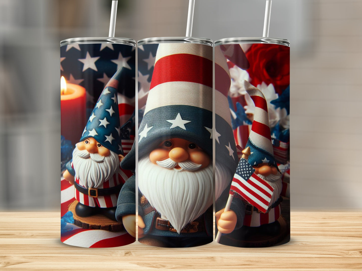 Three patriotic gnomes with American flags on a wooden table.