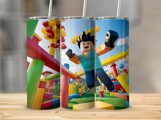 Roblox character jumping in colorful playground with blue sky.