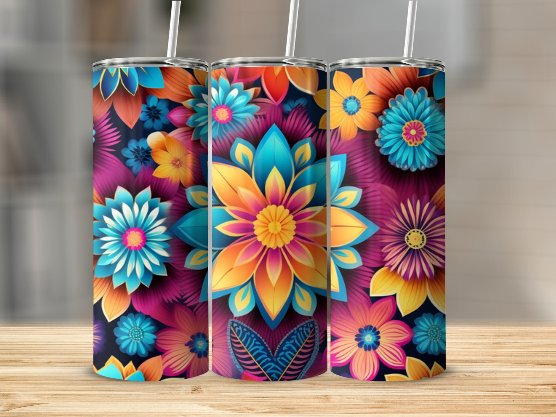 Three colorful floral tumblers with straws on a wooden surface.