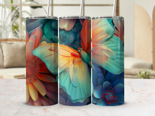 Triptych of tumblers with butterfly and floral designs, muted colors.