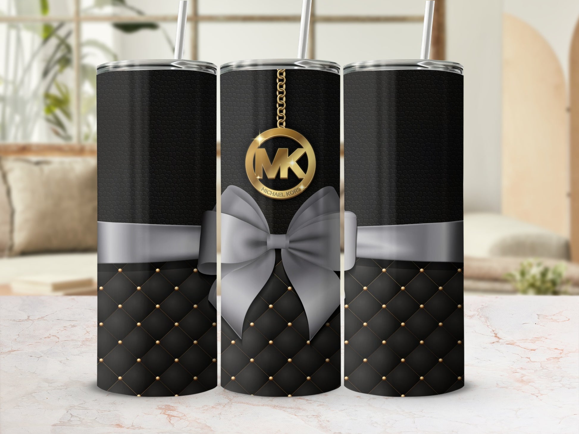 Elegant Black Tumbler with Gold Accent and Grey Ribbon