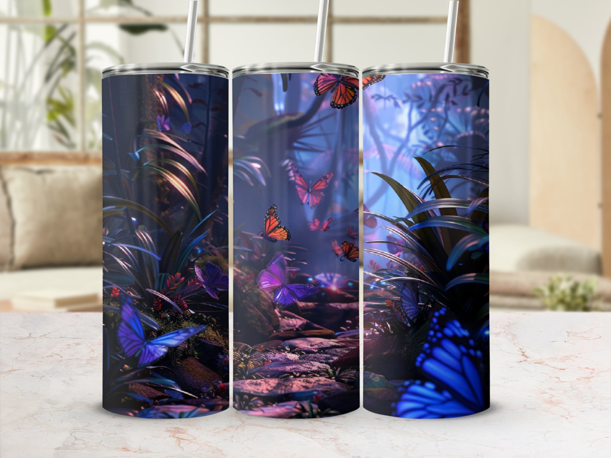Three tumblers with a mystical forest scene and colorful butterflies.