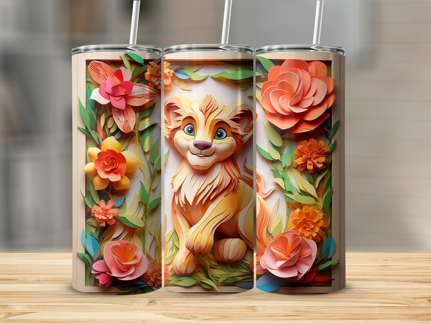Colorful Floral Lion Tumbler with Straw for Beverages