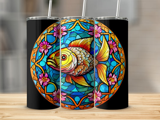Goldfish and floral stained glass pattern on a black tumbler.