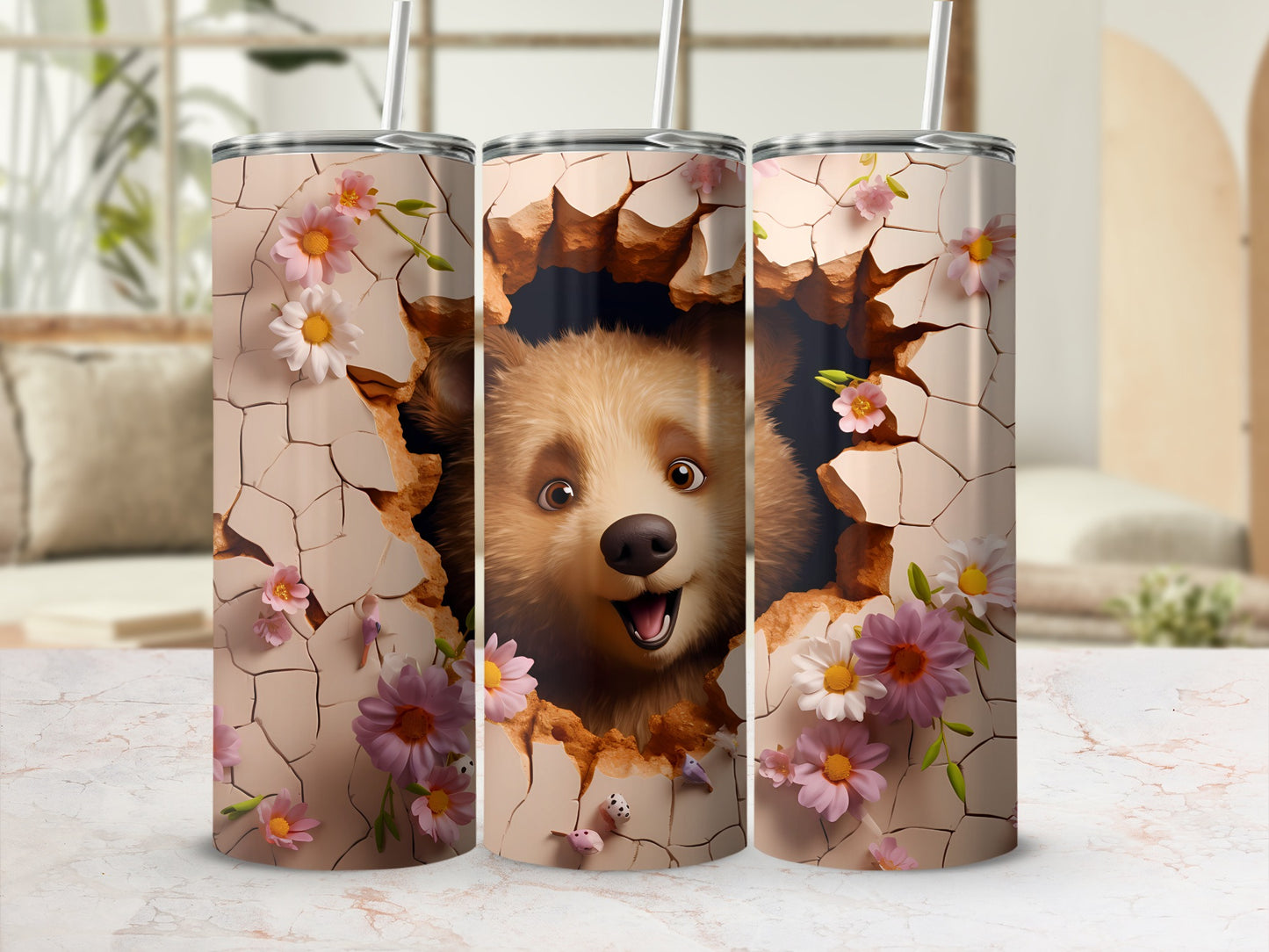 Adorable Bear Peek Cracked Surface Floral Delight product type
bear design, cute animal, floral pattern, cracked wall art, smiling bear, happy animal, whimsical design, unique tumbler, drinkware gift, kids tumbler, nature inspired, spring flowers, pink flowers, white flowers, purple flowers, cartoon bear, custom tumbler, gift for her, birthday present, character design