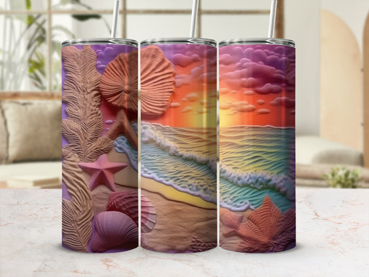 Three tumblers with embossed seashells and sunset beach scene.