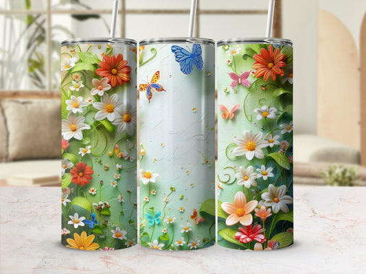Three floral tumblers with butterflies and green vine accents.