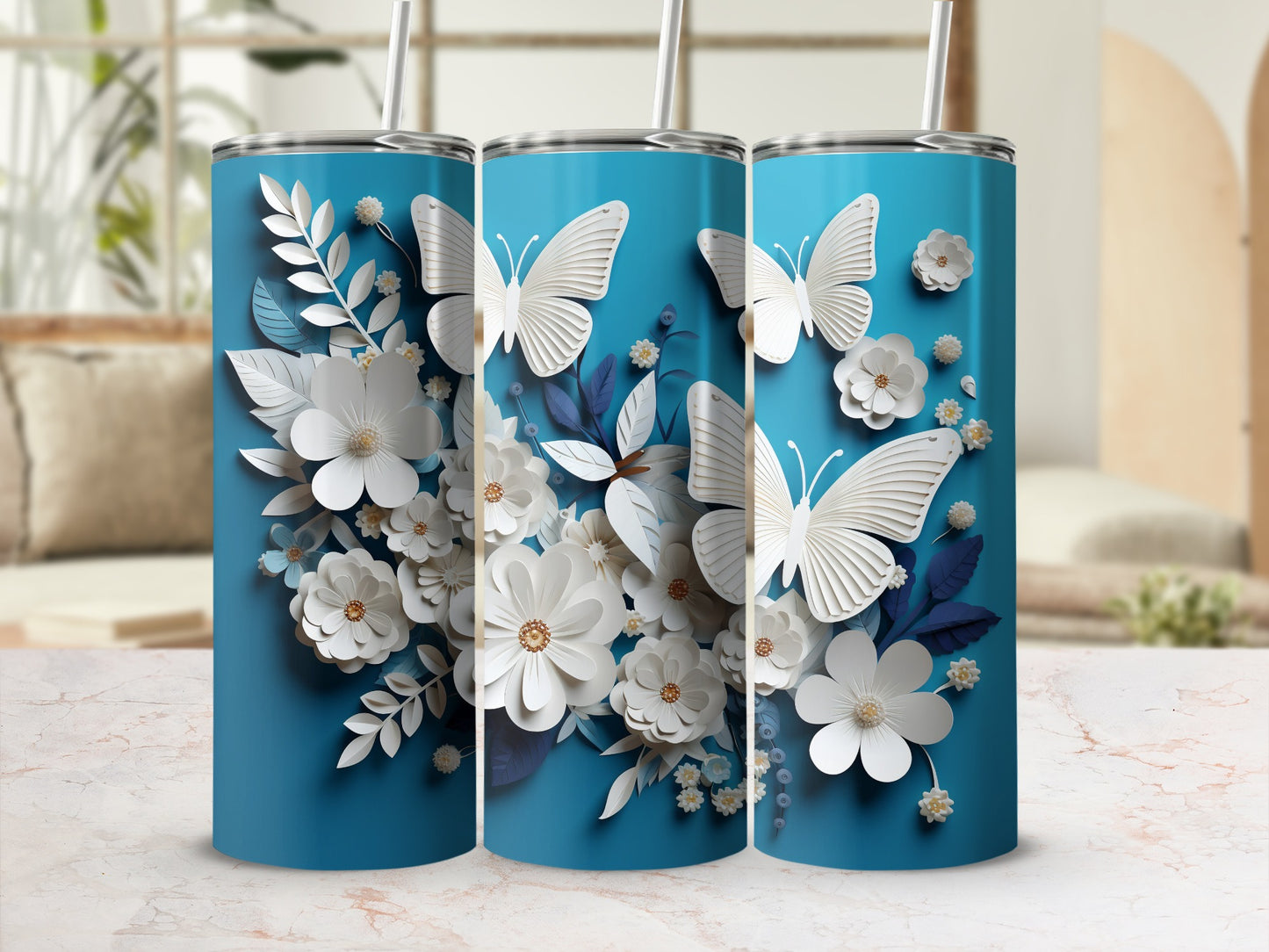 Blue White Layered Butterflies Floral Art Tumbler Product Type