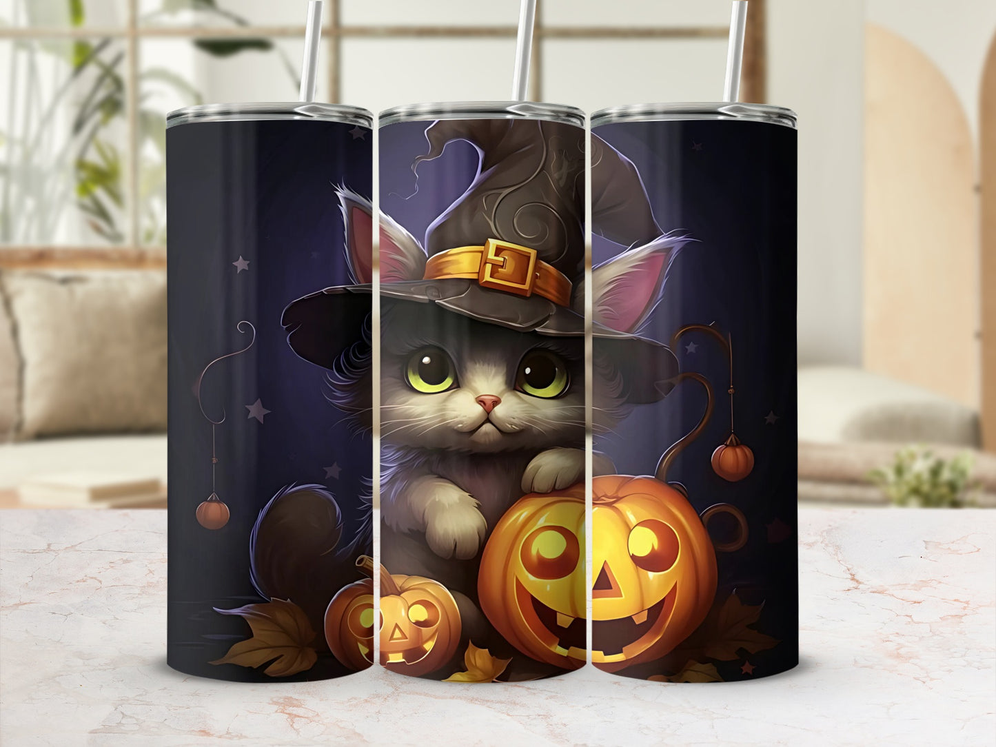 Gray cat wearing witch hat with pumpkins and stars on dark background.