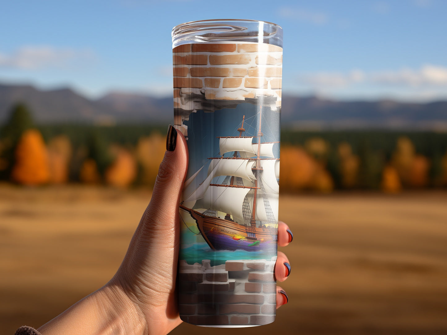 Nautical Themed Travel Mug with Brick Pattern Design