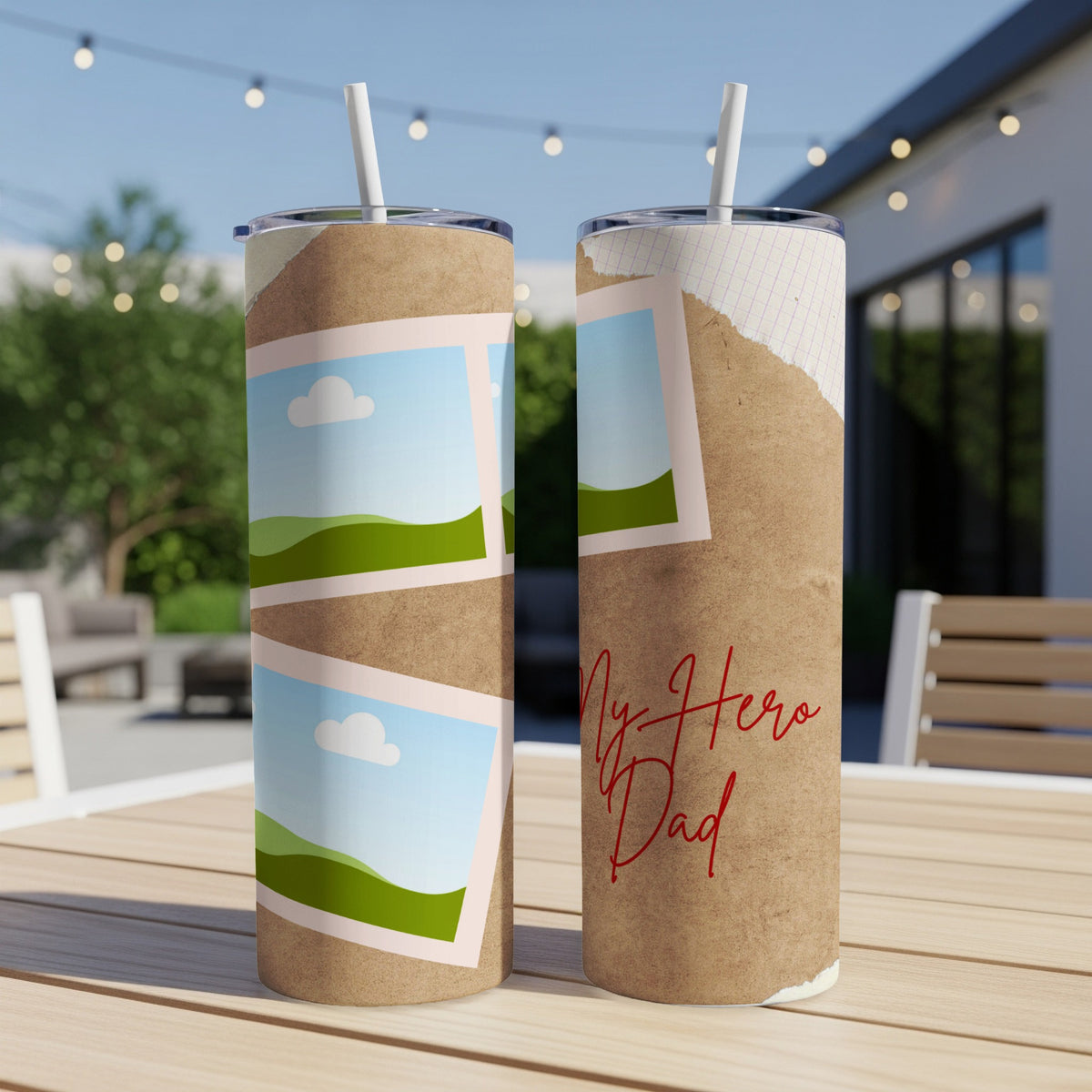Two tumblers with collage-style designs, one featuring picture frames and the other text "My Hero Dad".